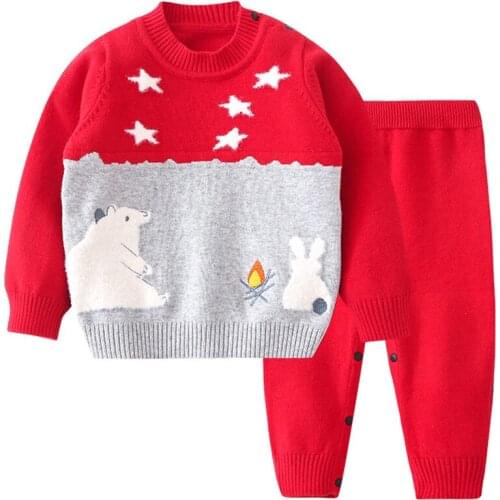 Christmas Baby Girls Boys Sweaters Coat Kids Knitting Pullovers Tops Baby Boys Girls Cartoon Long Sleeve Sweaters + Pants 2Pcs