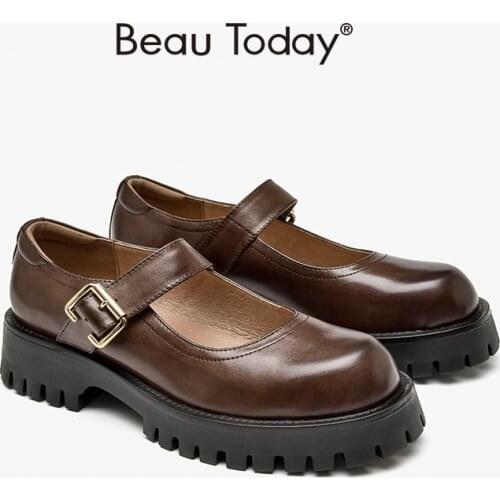 BeauToday Platform Shoes Lolita Women Cow Leather Round Toe Metal Buckle Strap Uniform Girls Mary Janes Shoes Handmade 28418
