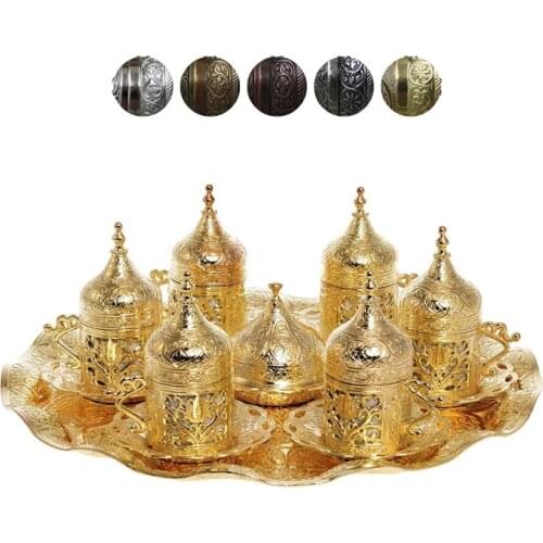 Turkish Coffee Set for 6 Person Tulip Collection Ottoman Greek Arabic Gold Silver Copper Antique Green Made in Turkey