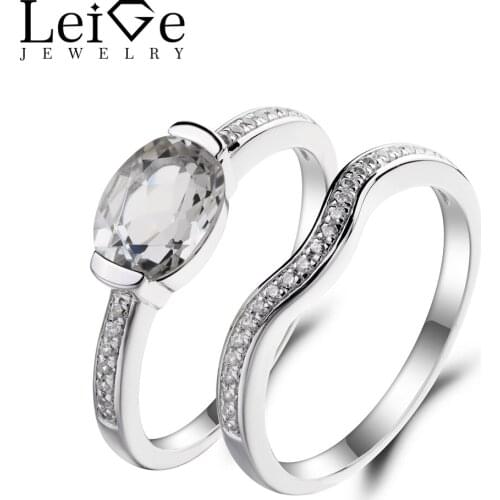 Leige Jewelry Wedding Ring Natural White Topaz Ring November Birthstone Oval Cut Gemstone 925 Sterling Silver Bridal Sets