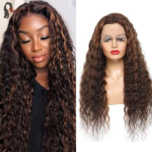 Yeslestm P4/30 Water Wave 4x4 Lace Frontal Wig Lace Front Human Hair Wigs Highlight Wig For Women Honey Blonde Ombre Mix Color