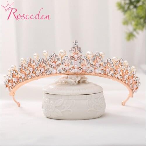Rosegold Rhinestone Pearl Bridal Kids Tiara Quinceanera Crown Headband Wedding Hair Jewelry RE3880