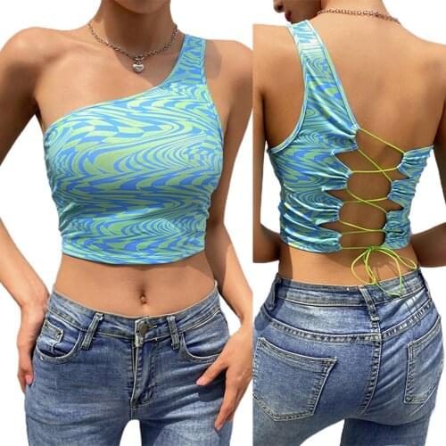 Women Close-fitting Sexy Vest Blue Wavy Printed Pattern One-shoulder Sleeveless Crop Tops