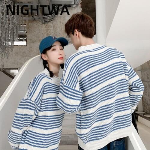 NIGHTWA Autumn Striped Sweater Women Casual Couple Sweater Pullovers Striped Jumper Warm Girl High street Sweaters Streetwear