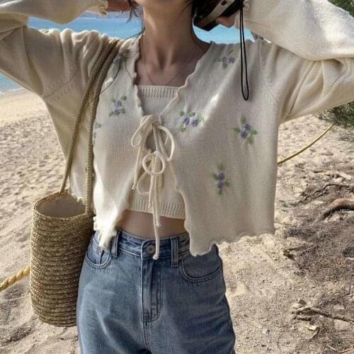 2021 Spring Autumn Korean Fashion Embroidery Sweater Two Piece Set Long-Sleeved Women Knitted Cardigan Loose Ribbed Sweater