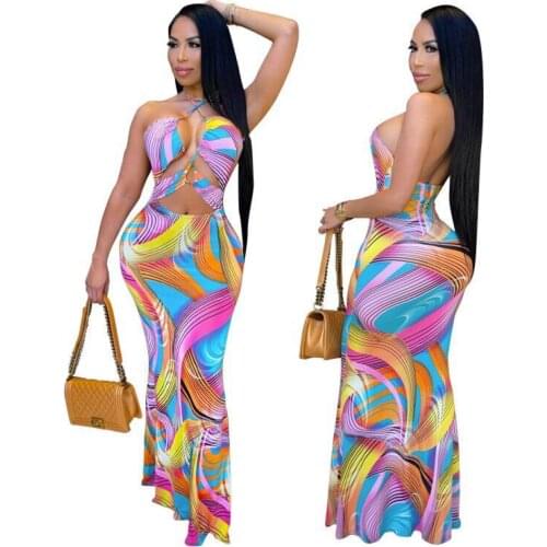 Summer New Style Womens Sexy Fashion Printed Chest-Wrapped Tie Halter Neck Long Dress