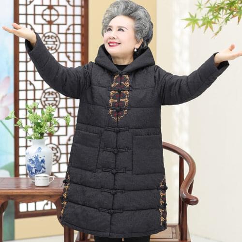 Elderly Winter Cotton padded Jacket Hooded Parkas Plus size 5XL Embroidered Warm Loose Long Overcoat Grandma Windproof Snow Coat