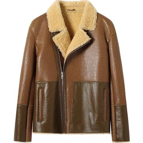 Denny&Dora Womens Winter Turndown Collar Short Bomber Brown Shearling Jacket