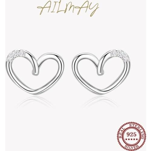 Ailmay Genuine 925 Sterling Silver Simple Romantic Heart Design Stud Earrings For Women Wedding Statement Fine Silver Jewelry