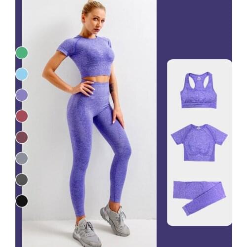 Seamless Sports Suits Women Yoga Set 3pcs Workout Clothing Fitness Bra Short Sleeve Crop Top High Waist Gym Leggings Sportswear