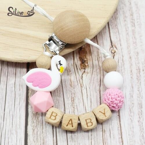 1pc Personalized Name Handmade Swan Pacifier Clips Holder Chain Beech Pacifier Chains Baby Teether Teething Chain Dummy Clips