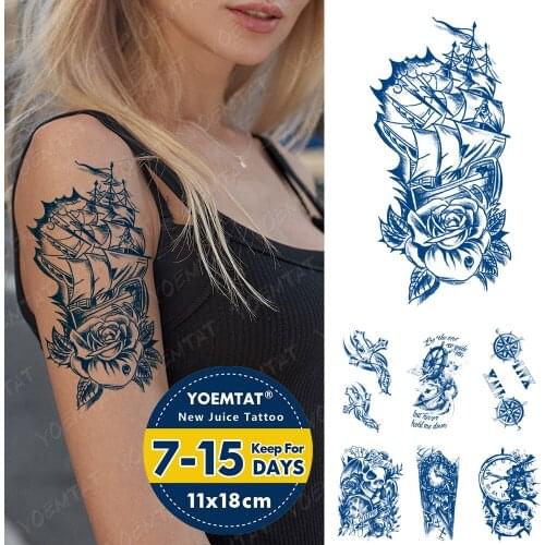 Juice Ink Tattoos Body Art Lasting Waterproof Temporary Tattoo Sticker Old School Sailboat Rose Tatoo Arm Fake Skull Tatto Men
