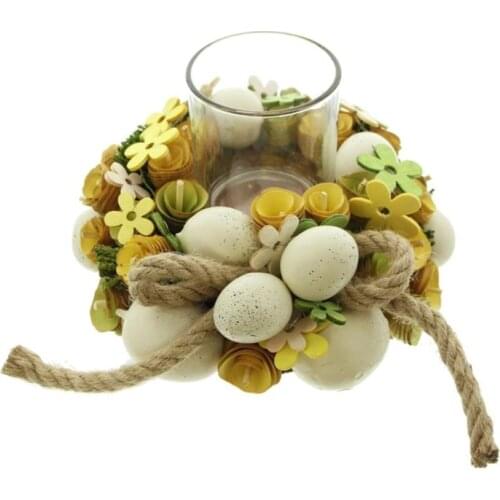 Easter Egg Wood Chips Flower Hemp Rope Wreath Base Candle Holder with Glass Cup Creative Handmade Candlestick Home Decor
