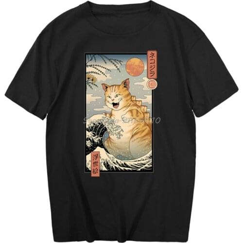 Japanese Fashion Street Huge Cat T Shirts Short Sleeve Men Clothing Funny Retro Tops Fashion Pattern T-Shirt Summer Streetwear