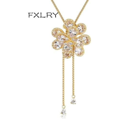 FXLRY New Design Romantic White Color Cubic Zircon Flowers Long Necklaces Sweater Chain Fashion Jewelry