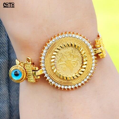 Dubai Ethiopia Islamic Muslim Exquisite Luxury Bracelet Evil Eye Crystal Jewelry Arab Middle East Turkey Womens Coin Bracelet