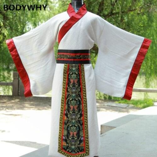 Chinese Men Traditional Costume Male Long White Robe Belt Hanfu Dance Clothing for Man Stage National Traditional Clothes