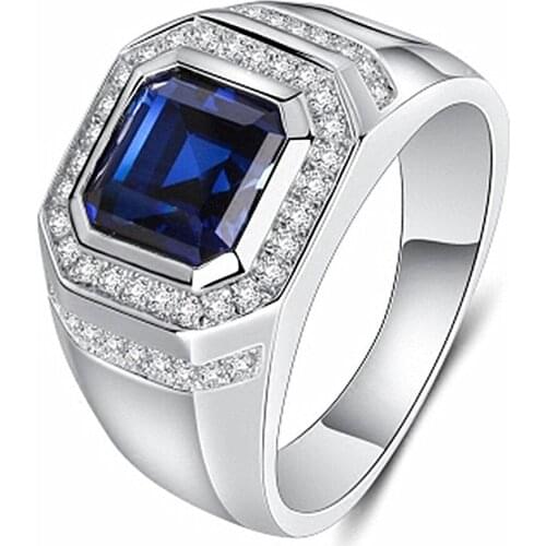 Classical Fashion Square Blue Crystal Sapphire Gemstones Diamonds Rings for Men White Gold silver color Bague Jewelry Accessory