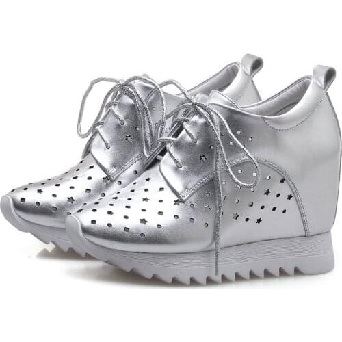 Fashion Sneakers Women Hollow Genuine Leather Wedges High Heel Ankle Boots Female Round Toe Platform Pumps Shoes Casual Shoes