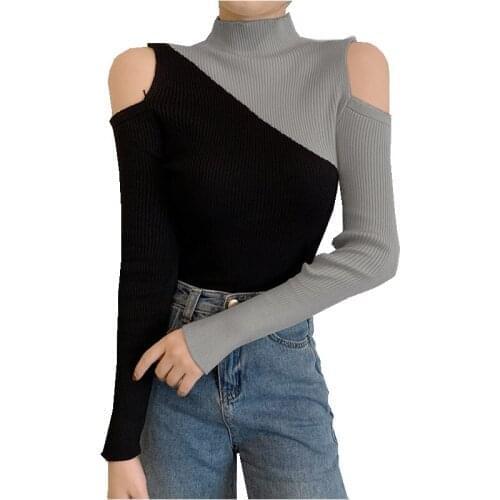 Fashion women Spring Autumn Turtleneck off the shoulder sweater Contrast color lady Plus size Slim Stretch knitwear botting tops