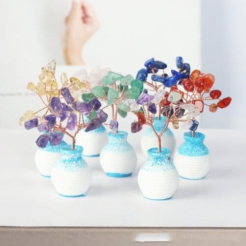 Set of Natural Crystal Tree Crystal Quartz Mineral Jewelry Tree of Life Home Lucky Tree European Style Vase Resin Decoration