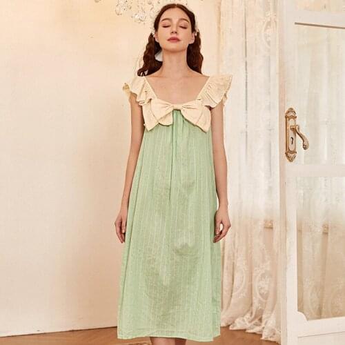 2021 Summer New Fresh Grass Green Bow Strap Cute Nightgowns Sleeveless Spaghetti Strap Sleeping Dress COTTON Nighty for Ladies