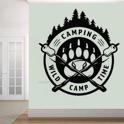 Camping Sign Wall Sticker Vinyl Wild Camp Time Forest Paw Print Decor Adventure Tourist Teen Boys Room Home Art Decal CN419