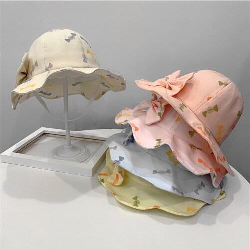 Cute Summer Baby Girl Bucket Hat Print Outdoor Bowknot Kids Girl Sun Hat Children Intant Toddler Panama Beach Cap