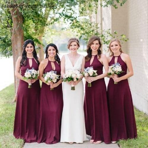 Newest Burgundy Halter Bridesmaid Dresses 2020 A Line Long Vestido De Festa Formal Wedding Guest Gowns