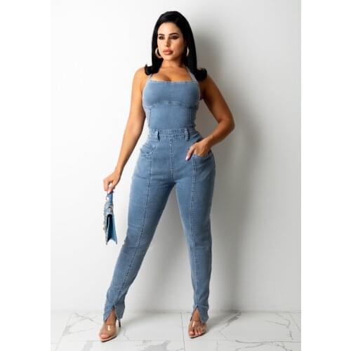 RMSFE 2021 Ladies Early Autumn Casual Fashion Sleeveless Slim Fit Backless Bandage Solid Color Denim Long Jumpsuit