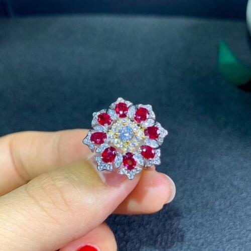 Luxurious big round leaf Sun flower Natural red ruby ring S925 silver natural gemstone ring girl women wedding gift fine jewelry