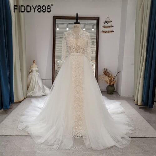 Luxury Lace Pearls Mermaid Wedding Dress 2021 O Neck Long Sleeves Bride Gown Long Dresses for Women Party Wedding Evening