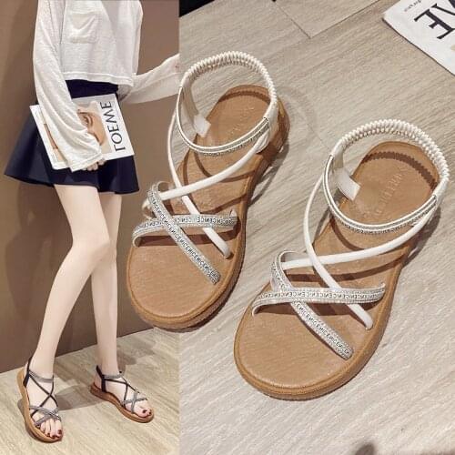 Net Red Sandals Women 2021 Summer New Girls Rhinestone Elastic Soft Sole Sandals Flat Beach Shoes Fashion All-Match Roman Shoes