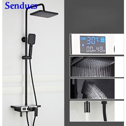 Senducs Black Digital Bathroom Shower Set Quality Brass Bathroom Shower Faucet Luxury Rainfall Black Bath Shower Sets