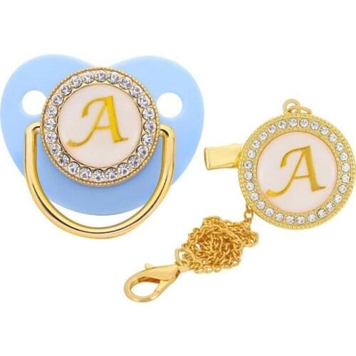 Initial Letter Baby Pacifier and Pacifier Clips Gold Bling BPA Free 26 Letters Name Silicone Infant Nipple Newborn Dummy Soother