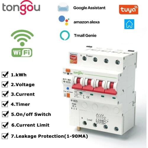 TUYA 2P Three Phase WIFI Smart Energy Meter Kwh Metering Monitoring Circuit Breaker Timer Relay with Leakage Protection 63A