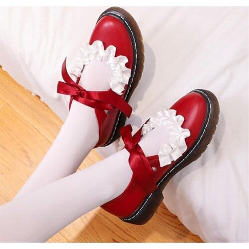PXELENA Retro Sweet Ruffles Girls School Mary Janes Shoes Riband Knot Low Heels Cosplay Uniform Collegiate Pumps Red Pink 34-43