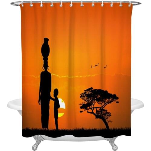 Sunset African Woman Child Tree Silhouettes Shower Curtain Home Bath Decorative Waterproof Polyester Fabric Bathroom Curtain