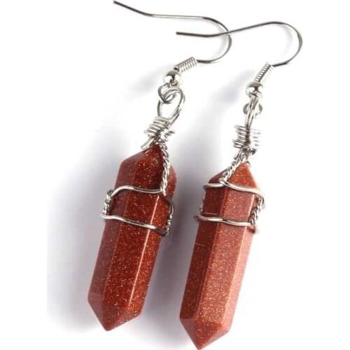 New Hot Selling Fashion Jewelry Natural Stone Hexagonal Column Earrings Lapis tiger eye Wire Winding Female Dangle Earring