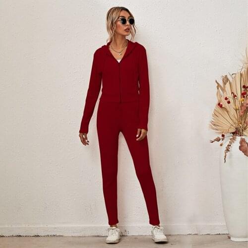 Womens Solid Color Casual Sports Slim Suit Autumn And Winter Long Sleeve Zipper Hooded Cardigan+Straight Pants Two-piece Set