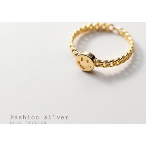 Gold Color Fashion Genuine 925 Sterling Silver Link Chain Smile Adjustable Finger Ring for Women Punk Hip Hop Jewelry Gift 2021