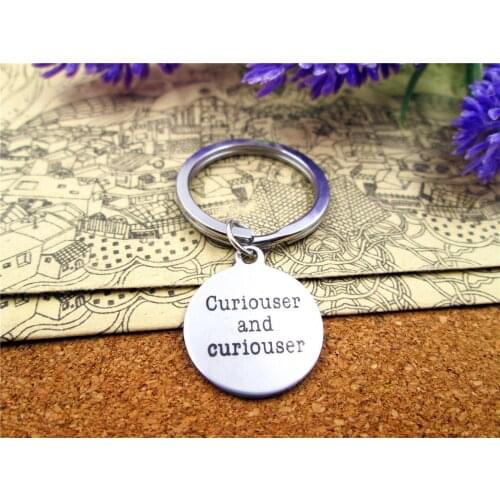 3pcs/lot 28mm stainless steel keyring with 20mm stainless steel circle round "curiouser and curiouser" charms keyring