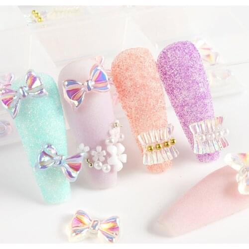 30Pcs 3D Cute Aurora Nail Art Decoration Skirt Lace Bowknot Design Pearl Rhinestone Ornaments Holographic Manicure DIY Tips