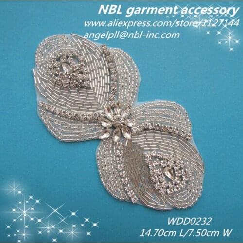 30PCS) Wholesale bridal beaded silver crystal rhinestone bow applique patch for dresses headband WDD0232