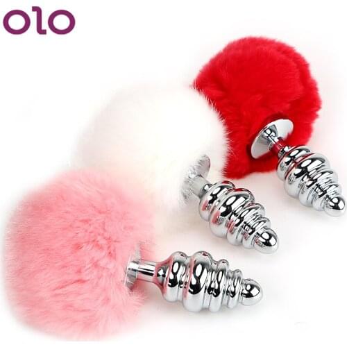 OLO Rabbit Tail Anal Plug Metal Butt Plug Stainless Steel Anal Bead Female Male Masturbation Sex Toys for Women Men Gay