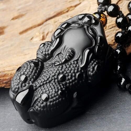 Black Obsidian Pixiu Jade Pendant Beads Necklace Hand-Carved Chinese Fashion Charm Jewelry Accessories Amulet for Men Women Gift