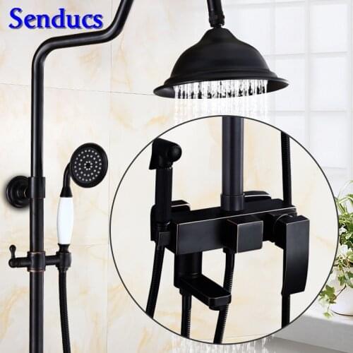 Senducs Black Shower Set Rainfall Black Bathroom Shower System Black Bronze Bath Shower Set Hot Sal Brass Shower Faucet