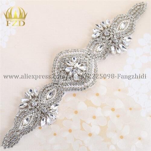 FZD 1 Piece Handmade Beaded Hot Fix Sliver Clear Sew On Bridal Rhinestone Crystal Wedding Applique for DIY Belt Sash Garter