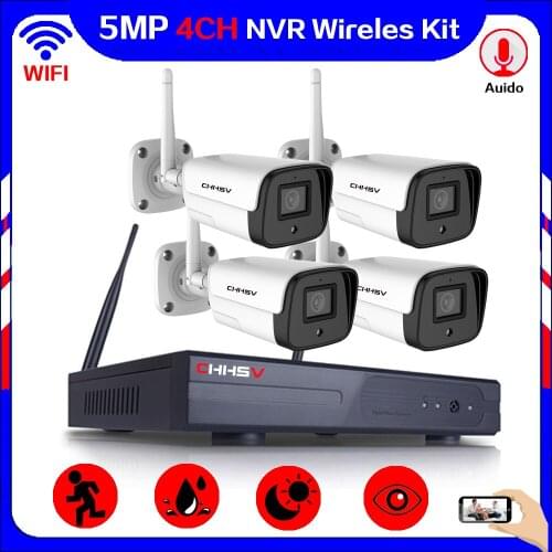 CHHSV Wifi CCTV Camera Security System Kit 4CH 5MP Wireless NVR Kit AI Human Detection 4Pcs Outdoor Waterproof IP Cameras