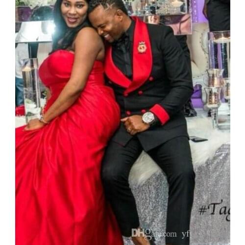 JELTONEWIN Classic Black Double Breasted Men Suits Groom Wedding Suits Male Dress Jackets+Pants Red Lapel Dinner Party Prom Suit